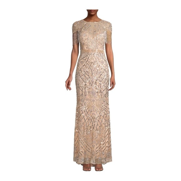 Mac Duggal Military Style Fringe Sheath Gown in Platinum Size 16 NWT - Picture 1 of 15